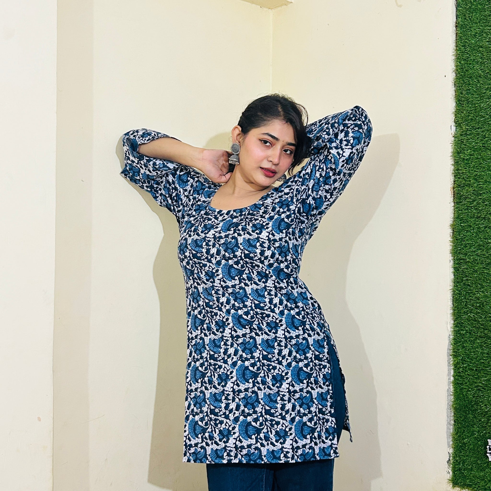 Midnight Flora Square-Neck Short Kurti