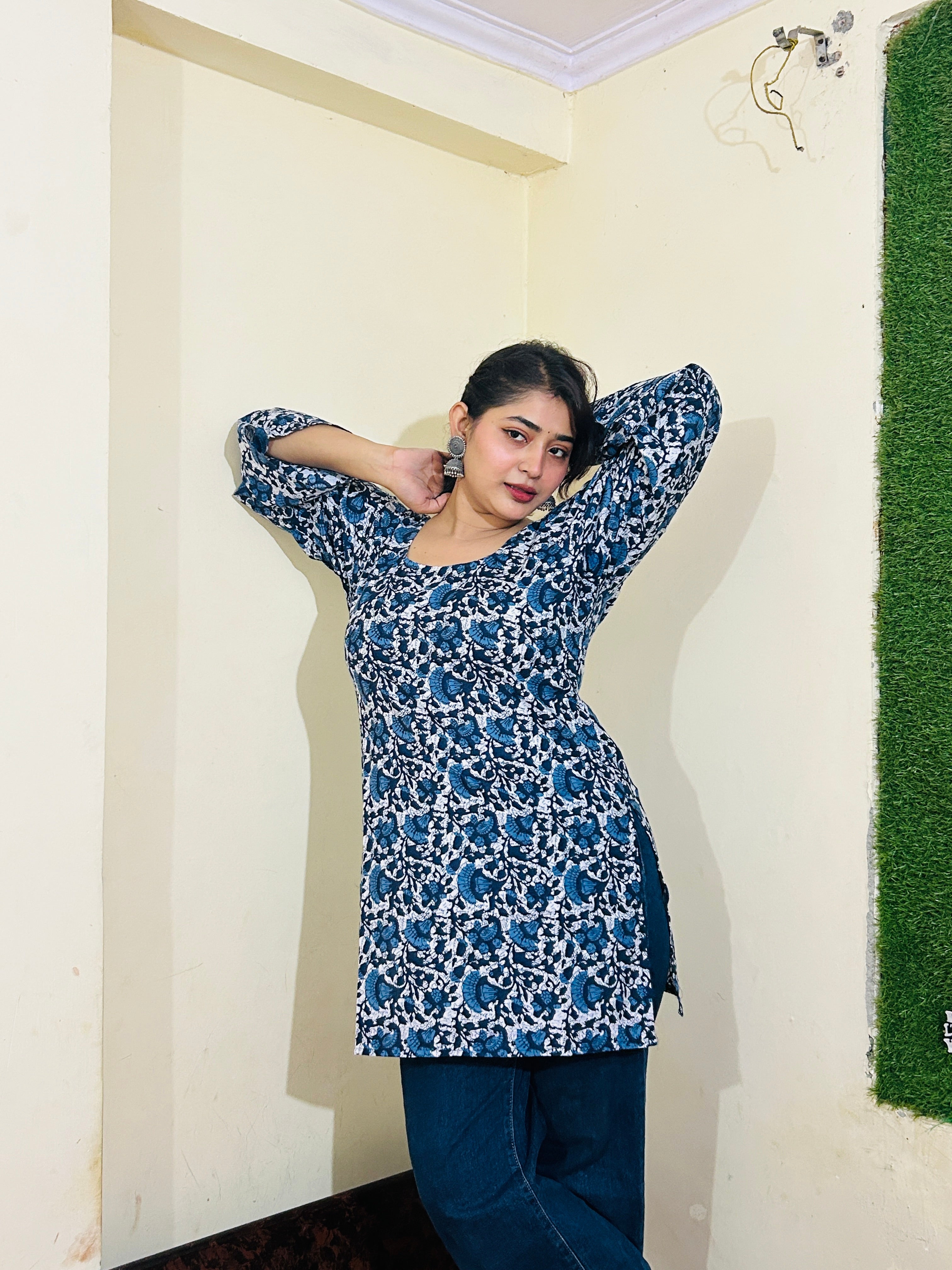 Midnight Flora Square-Neck Short Kurti