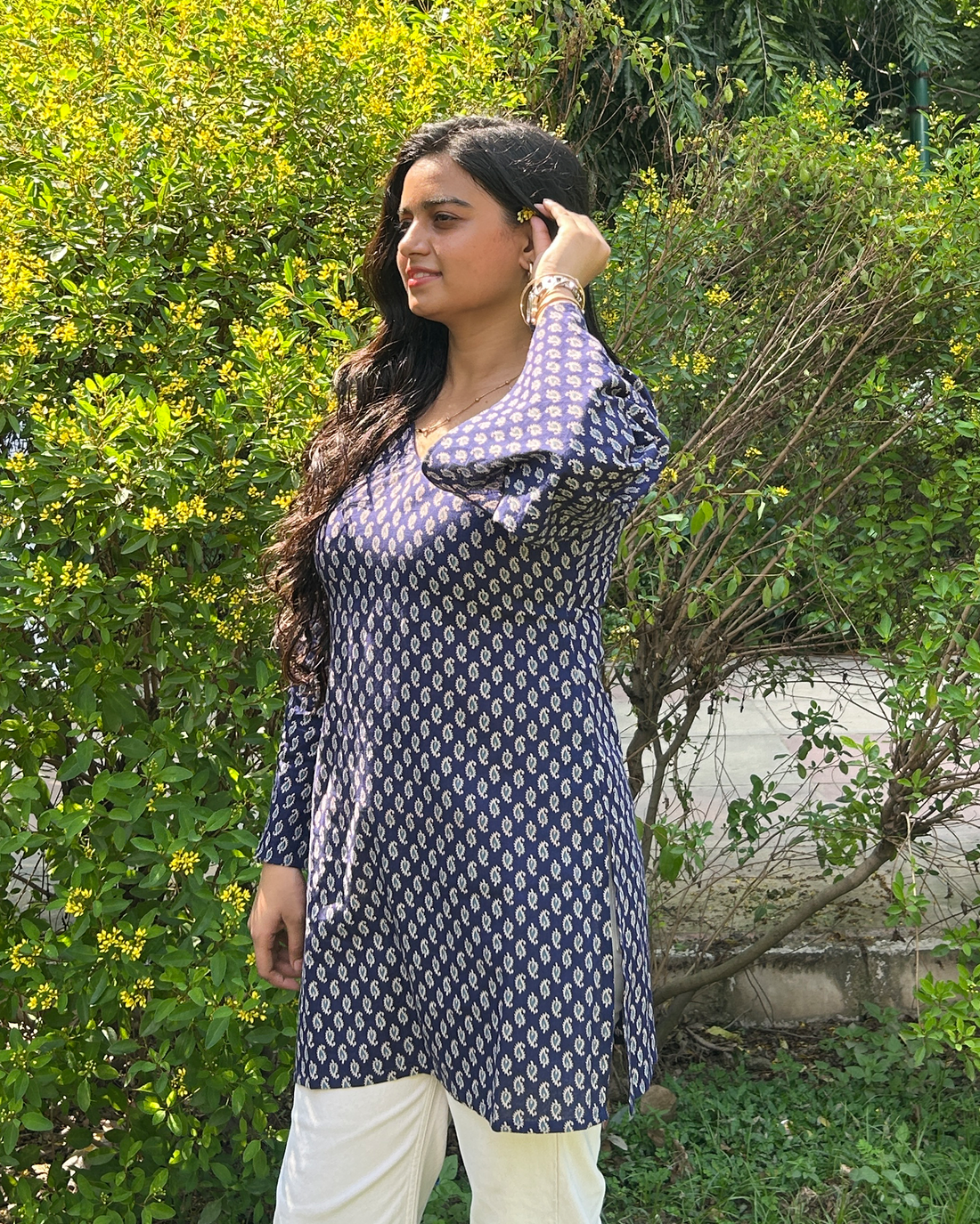 Midnight Bloom Bell Sleeves Short Kurti