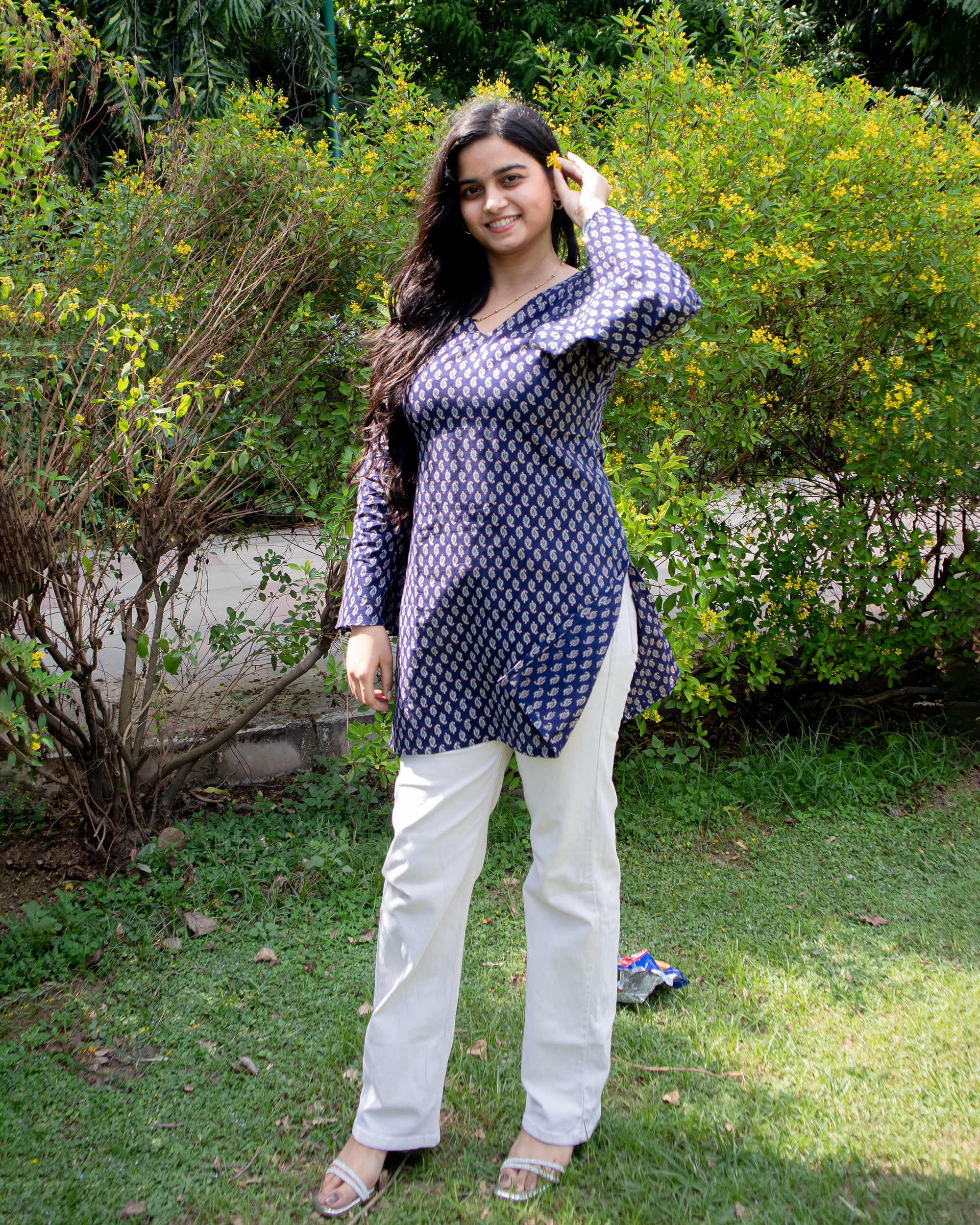 Midnight Bloom Bell Sleeves Short Kurti