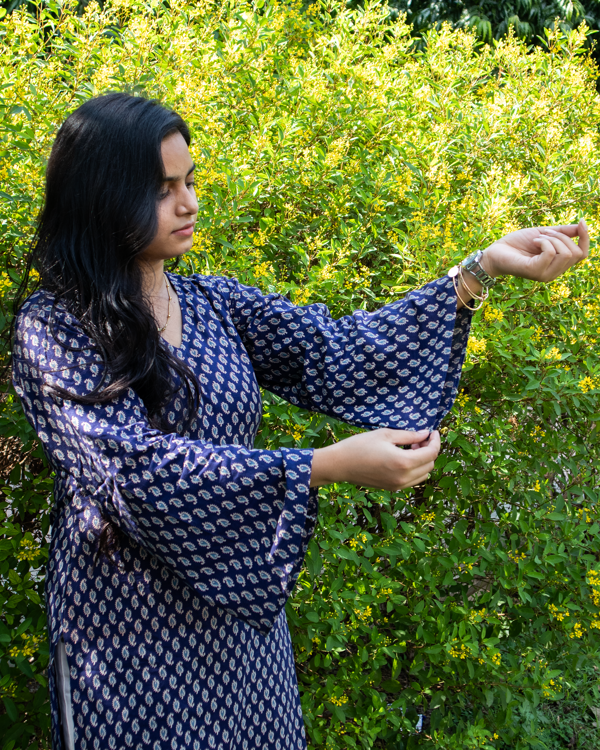 Midnight Bloom Bell Sleeves Short Kurti