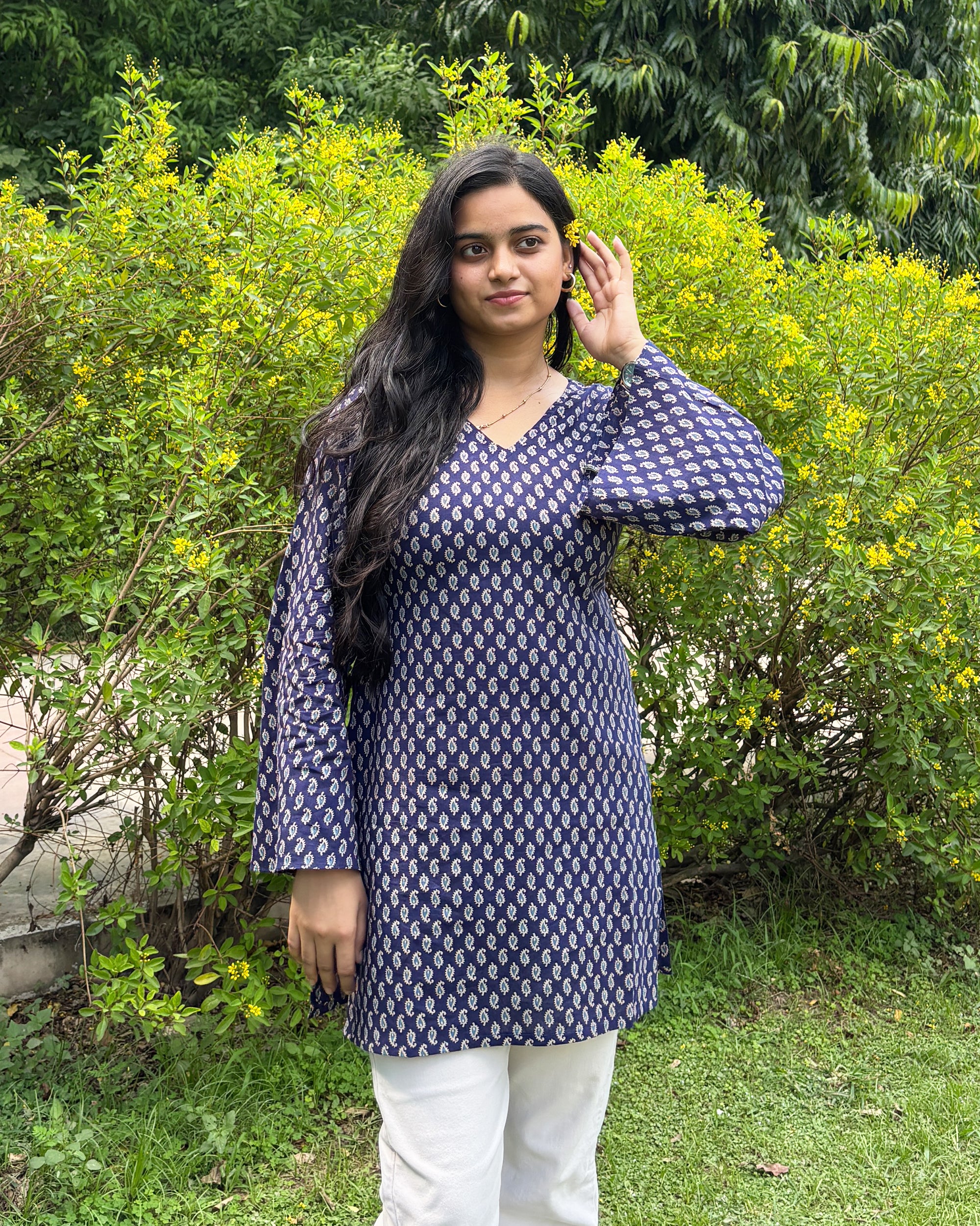 Midnight Bloom Bell Sleeves Short Kurti